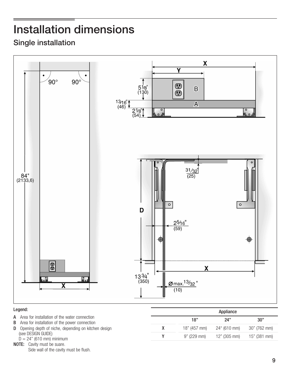 Installation dimensions, Single installation 6 | Bosch 24iw50nsp User Manual | Page 9 / 124