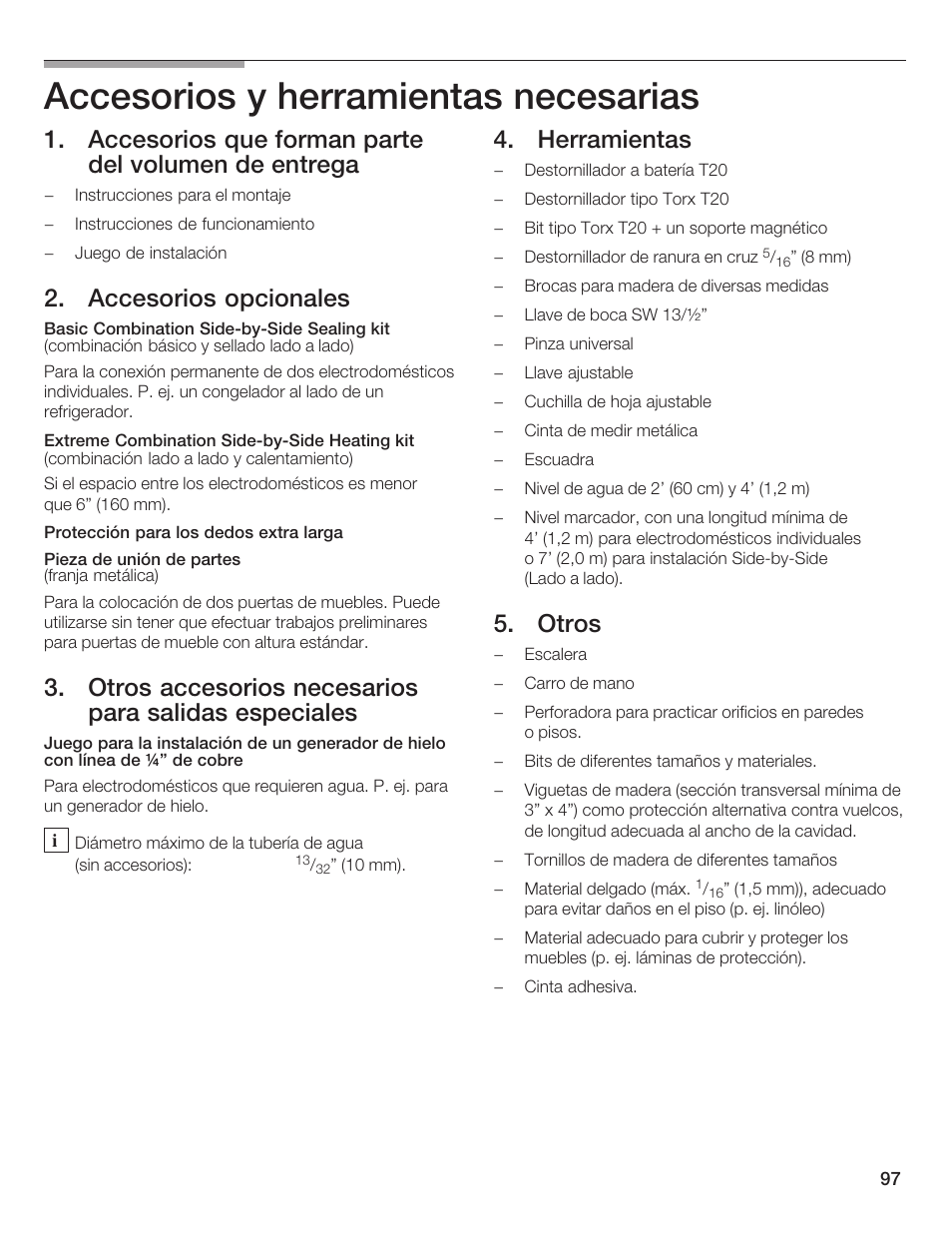 Accesorios y herramientas necesarias, Accesorios que forman parte del volumen de entrega, Accesorios opcionales 13 | Herramientas, Otros | Bosch 24iw50nsp User Manual | Page 97 / 124