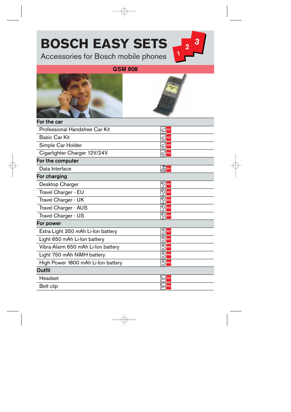 Bosch easy sets, Accessories for bosch mobile phones, Gsm 908 | Bosch GSM 908 User Manual | Page 44 / 45