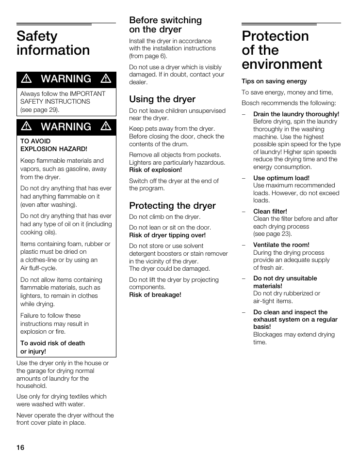 Safety information, Protection of the environment, Warning | Bosch WTMC 3500UC User Manual | Page 16 / 84