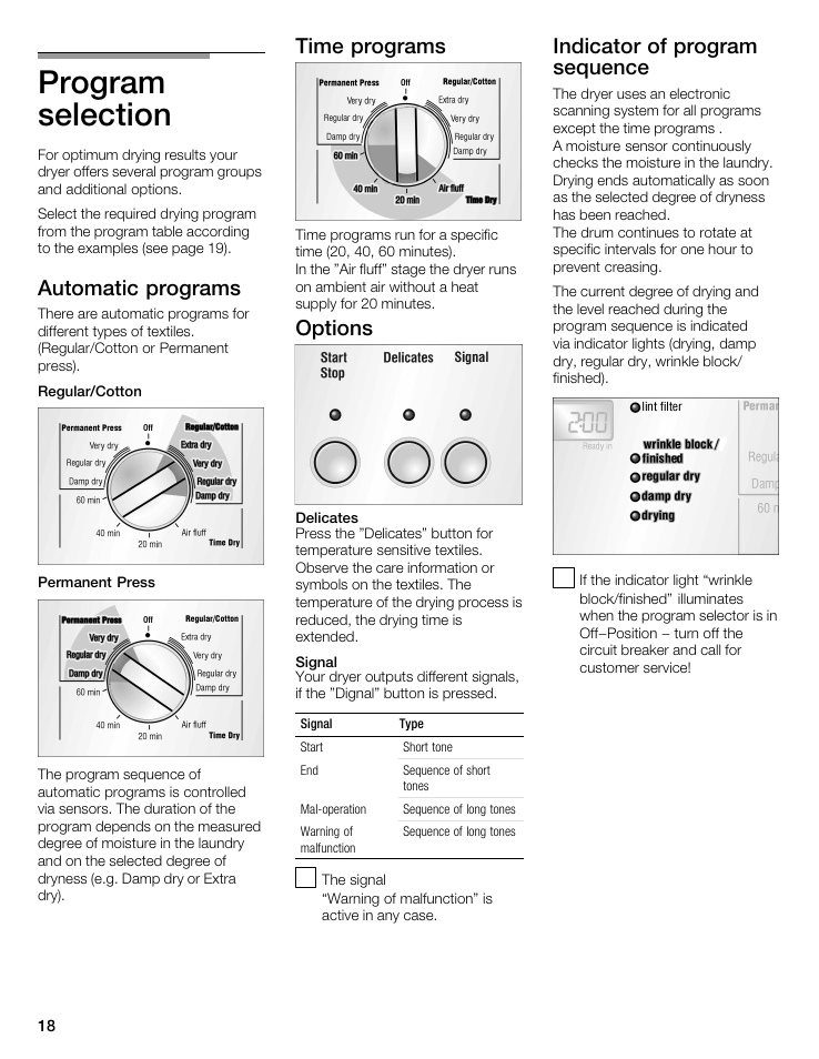 Program selection, Automatic programs, Time programs | Options, Indicator of program sequence | Bosch WTMC 3500UC User Manual | Page 18 / 84