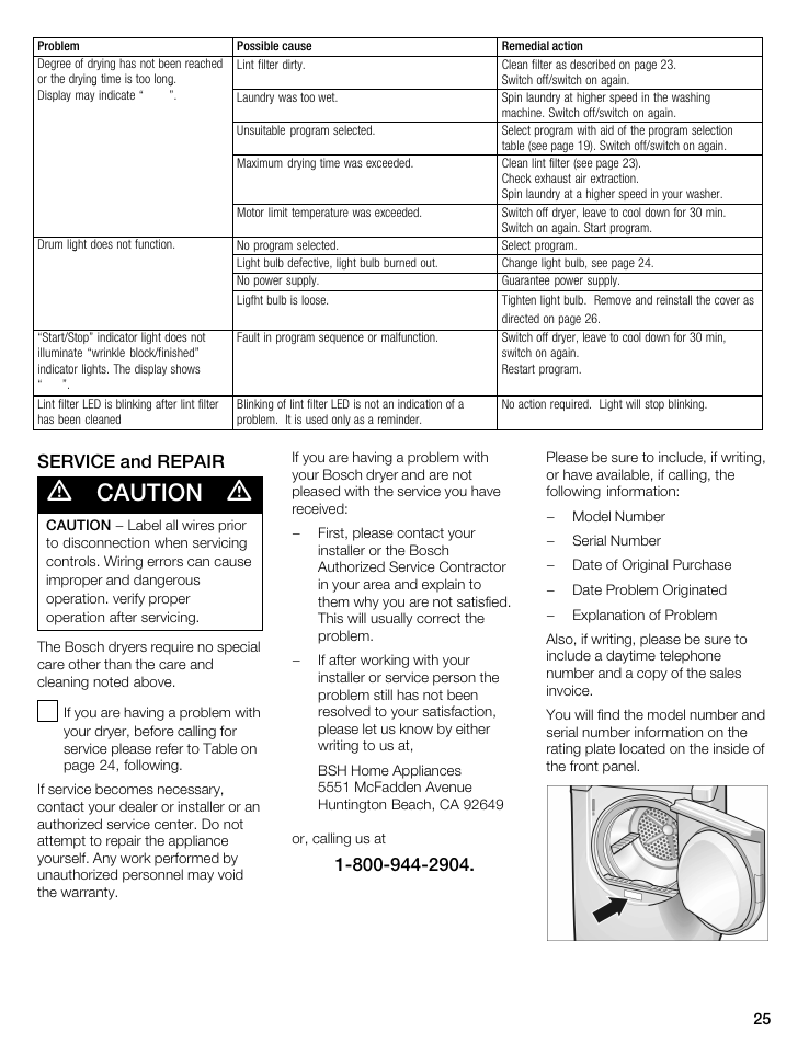 Caution, Service and repair | Bosch WTMC 3500UC User Manual | Page 25 / 84