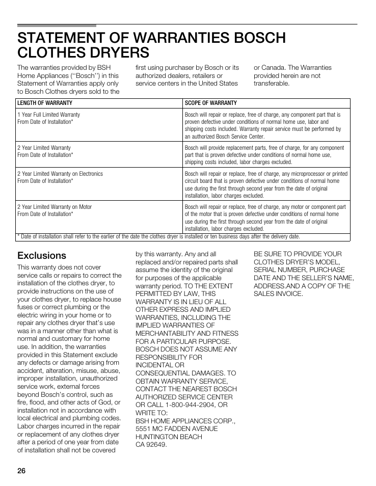 Statement of warranties bosch clothes dryers, Exclusions | Bosch WTMC 3500UC User Manual | Page 26 / 84