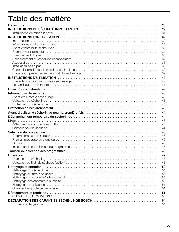 Table des matière | Bosch WTMC 3500UC User Manual | Page 27 / 84