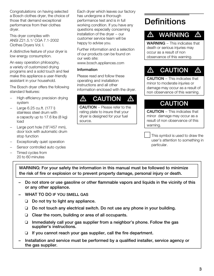 Definitions, Caution, Warning | Bosch WTMC 3500UC User Manual | Page 3 / 84