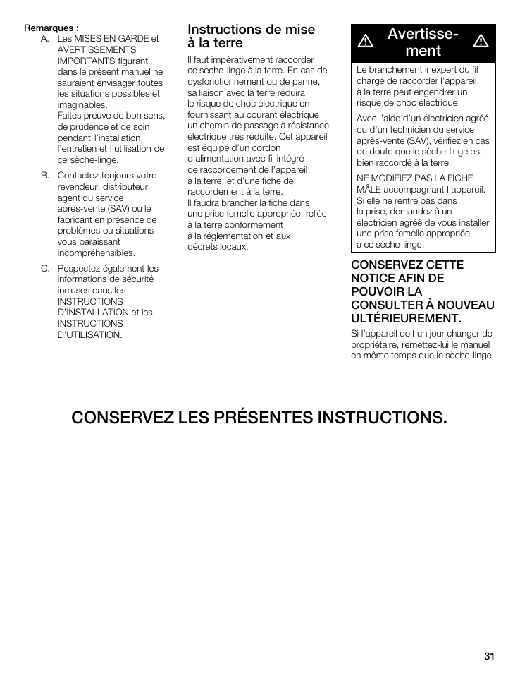 Conservez les présentes instructions, Avertisseć ment | Bosch WTMC 3500UC User Manual | Page 31 / 84