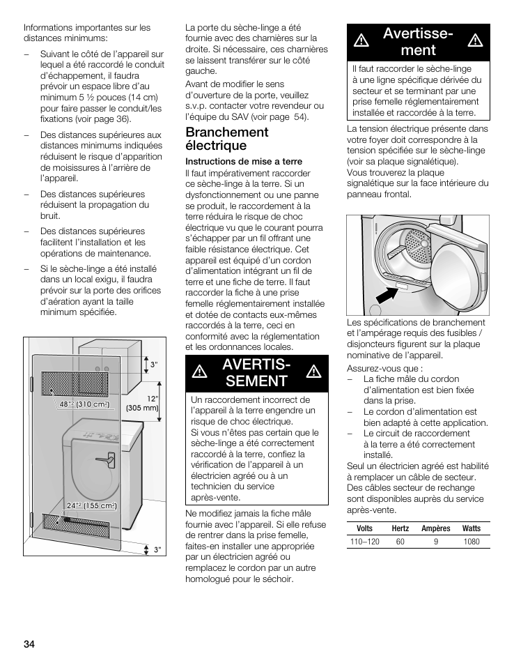 Avertisć sement, Avertisseć ment, Branchement électrique | Bosch WTMC 3500UC User Manual | Page 34 / 84