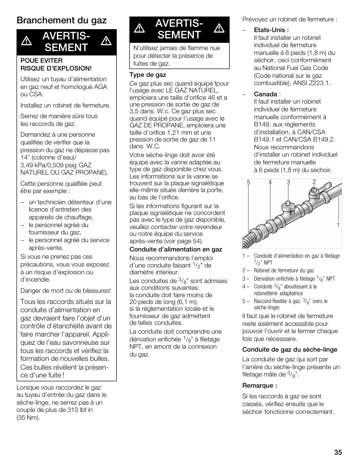 Avertisć sement, Branchement du gaz | Bosch WTMC 3500UC User Manual | Page 35 / 84