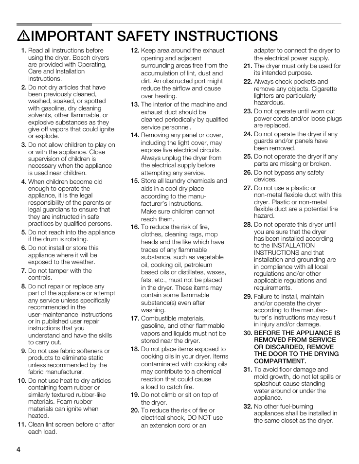 Dimportant safety instructions | Bosch WTMC 3500UC User Manual | Page 4 / 84