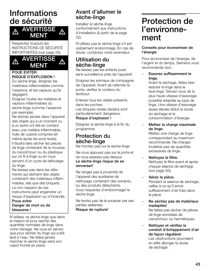 Informations de sécurité, Protection de l'environneć ment, Avertisse ment | Bosch WTMC 3500UC User Manual | Page 43 / 84