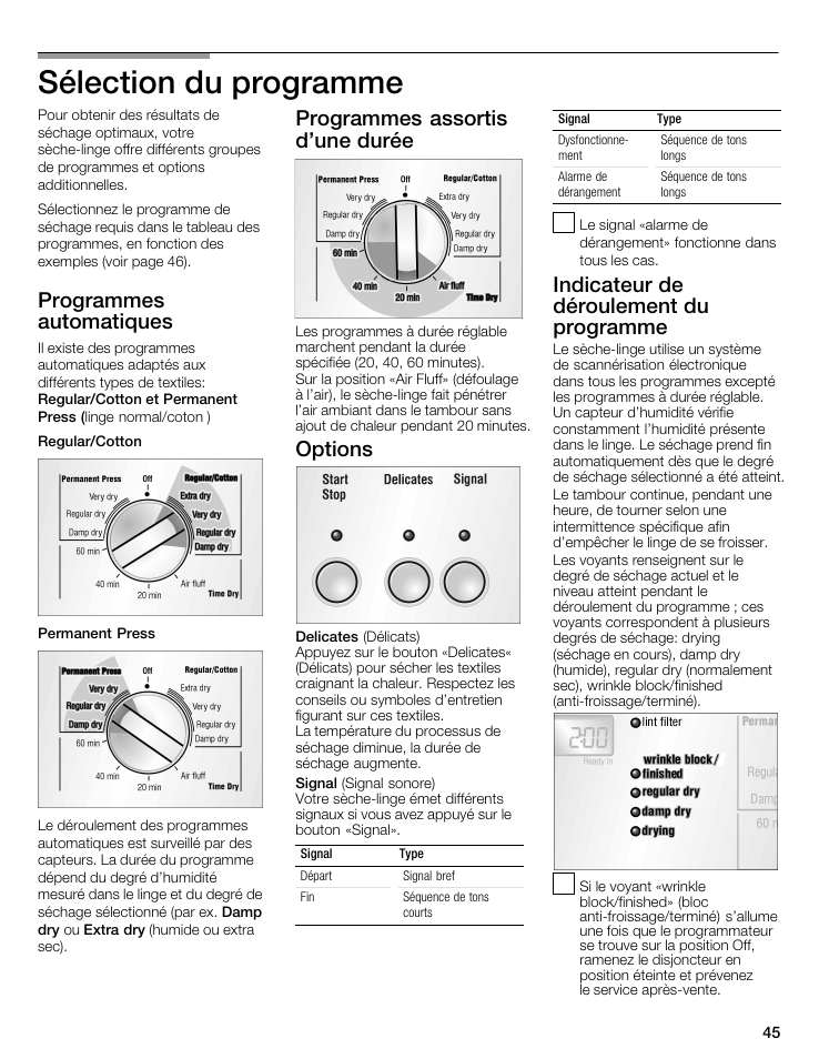 Sélection du programme, Programmes automatiques, Programmes assortis d'une durée | Options, Indicateur de déroulement du programme | Bosch WTMC 3500UC User Manual | Page 45 / 84