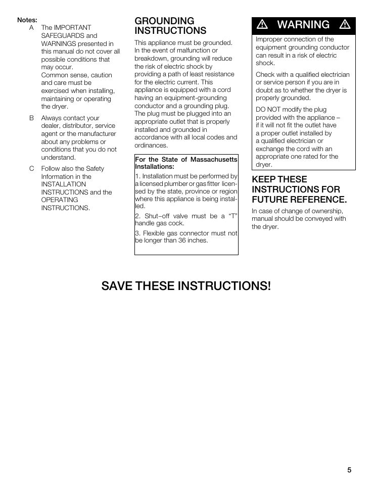 Save these instructions, Warning, Grounding instructions | Bosch WTMC 3500UC User Manual | Page 5 / 84