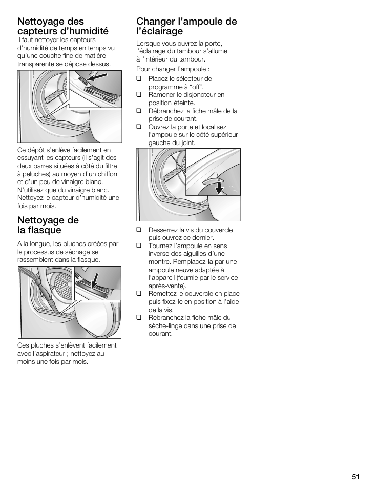 Nettoyage des capteurs d'humidité, Nettoyage de la flasque, Changer l'ampoule de l'éclairage | Bosch WTMC 3500UC User Manual | Page 51 / 84