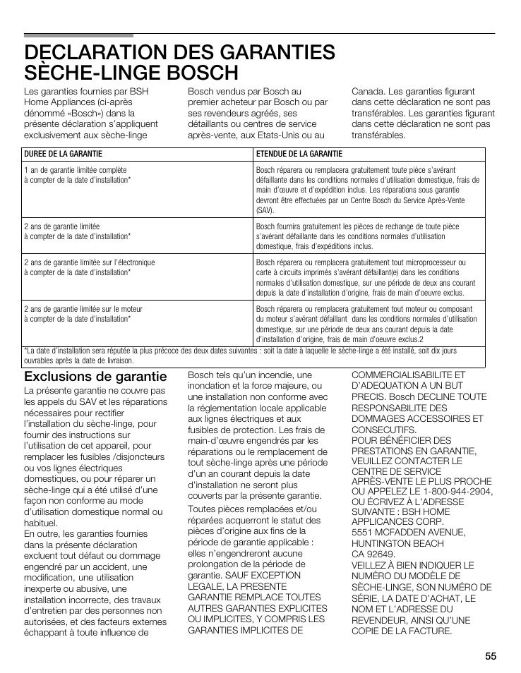 Declaration des garanties sèchećlinge bosch, Exclusions de garantie | Bosch WTMC 3500UC User Manual | Page 55 / 84