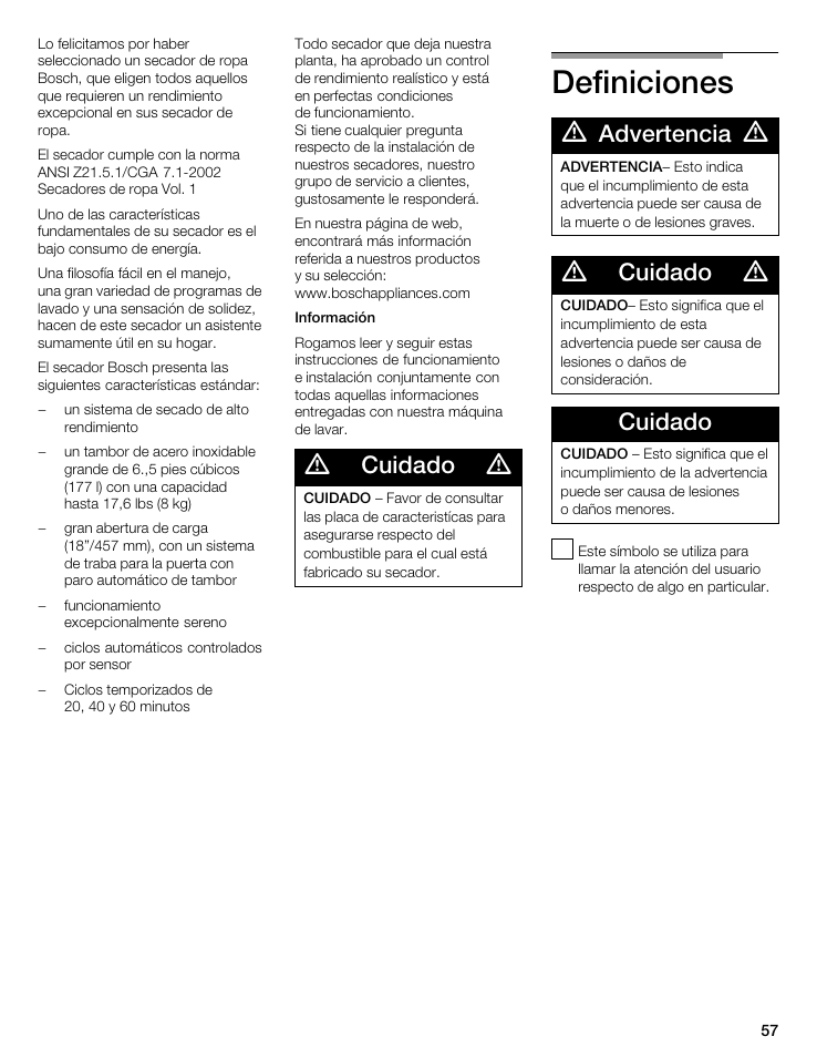 Definiciones, Cuidado, Advertencia | Bosch WTMC 3500UC User Manual | Page 57 / 84