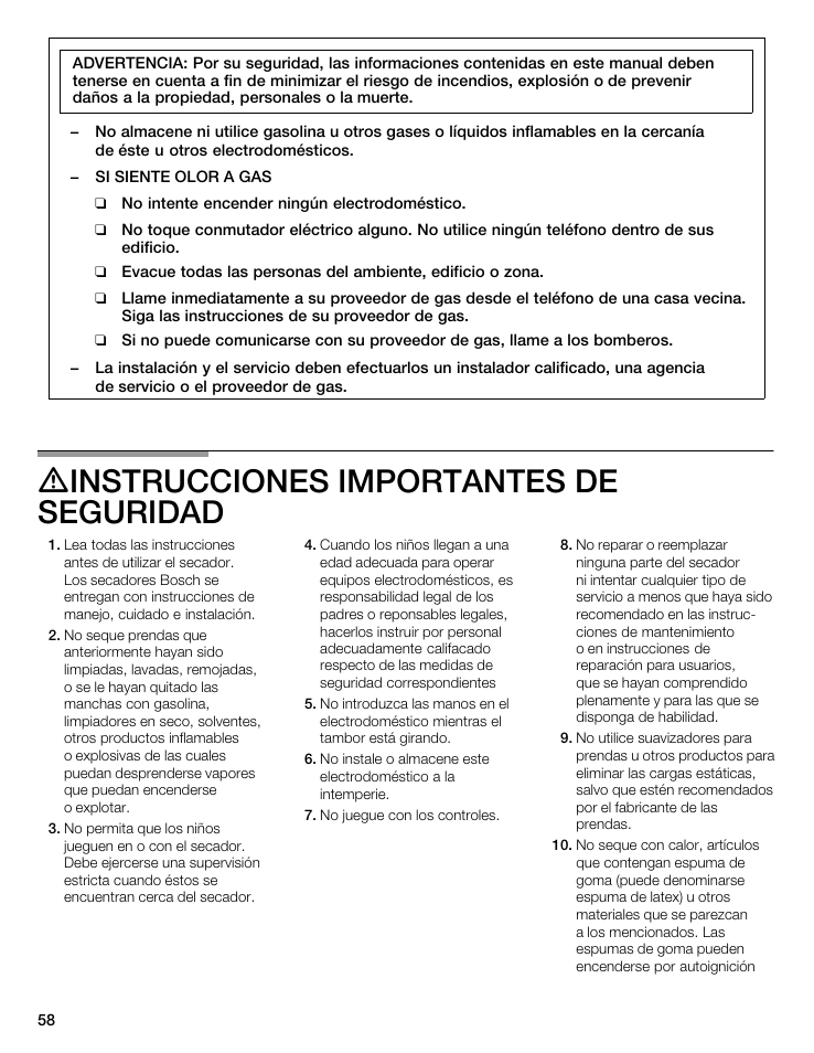 Dinstrucciones importantes de seguridad | Bosch WTMC 3500UC User Manual | Page 58 / 84