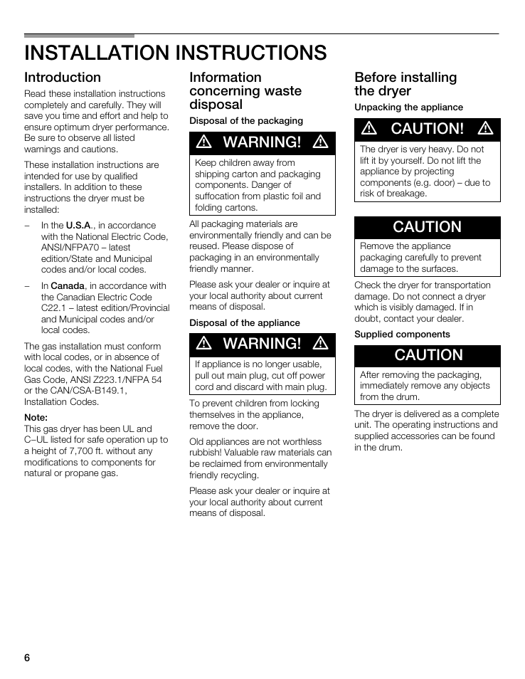 Installation instructions, Warning, Caution | Bosch WTMC 3500UC User Manual | Page 6 / 84