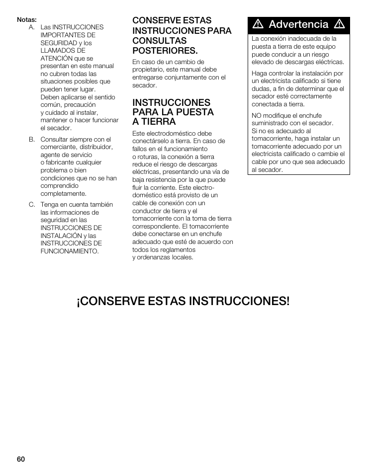 Conserve estas instrucciones, Advertencia | Bosch WTMC 3500UC User Manual | Page 60 / 84