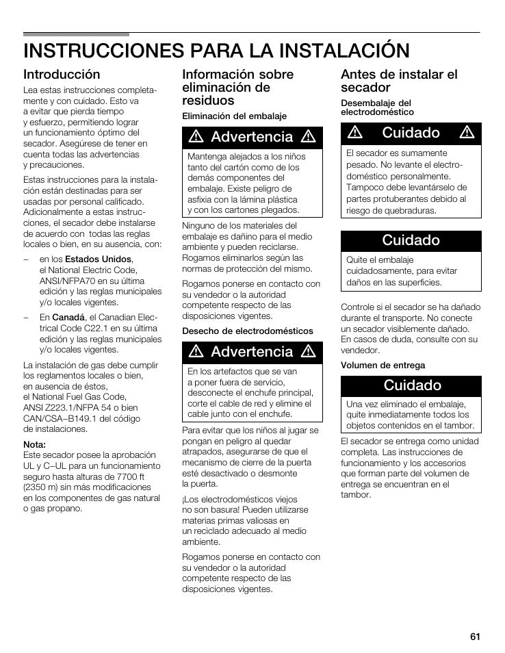 Instrucciones para la instalación, Advertencia, Cuidado | Bosch WTMC 3500UC User Manual | Page 61 / 84