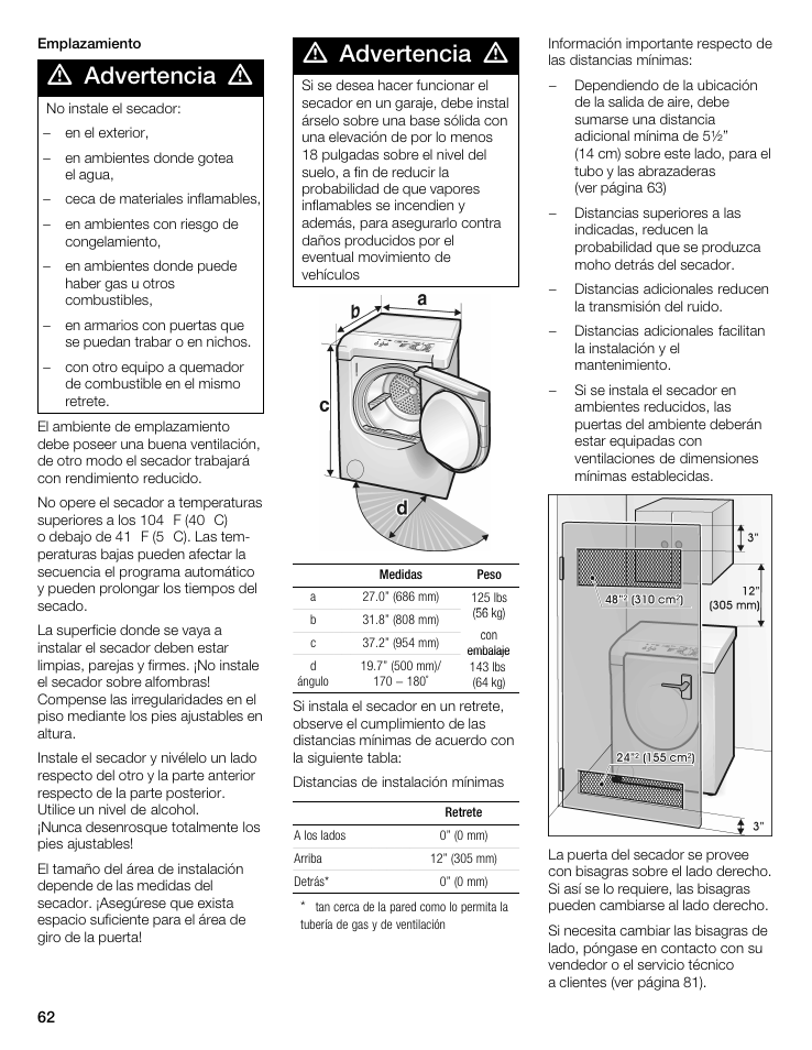 Advertencia | Bosch WTMC 3500UC User Manual | Page 62 / 84