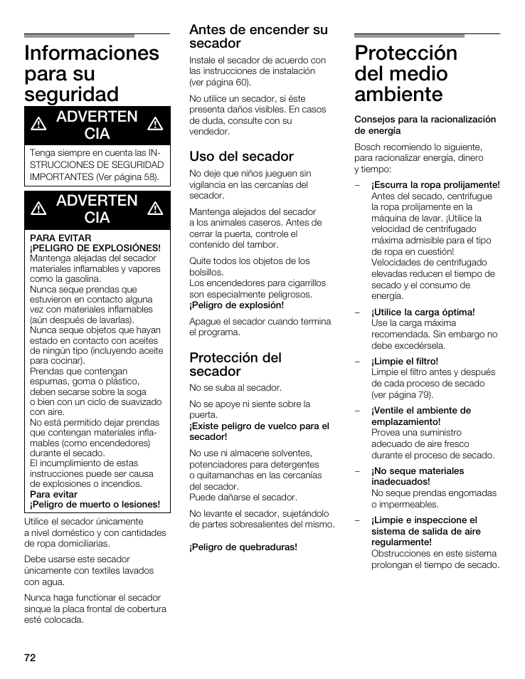 Informaciones para su seguridad, Protección del medio ambiente, Adverten cia | Antes de encender su secador, Uso del secador, Protección del secador | Bosch WTMC 3500UC User Manual | Page 72 / 84