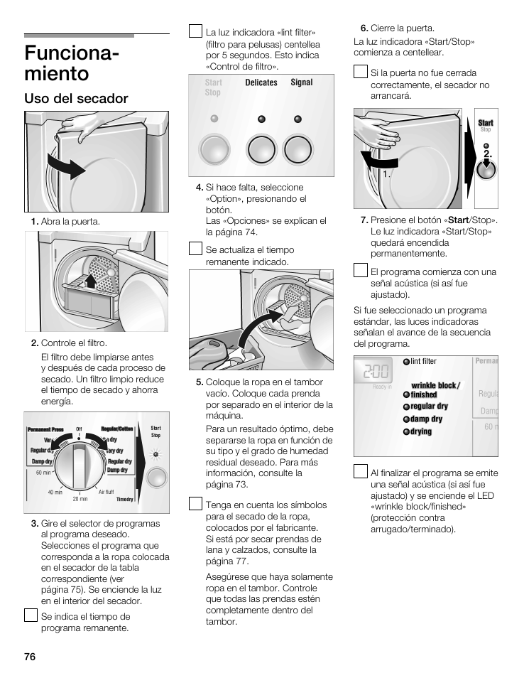 Funcionać miento, Uso del secador | Bosch WTMC 3500UC User Manual | Page 76 / 84