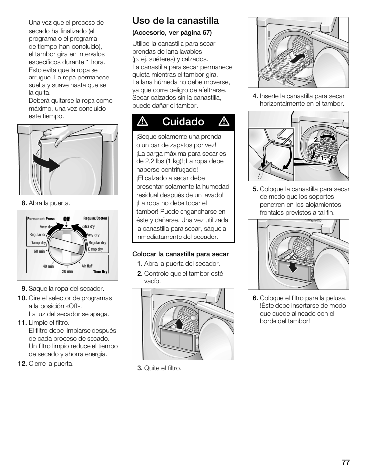 Cuidado, Uso de la canastilla | Bosch WTMC 3500UC User Manual | Page 77 / 84
