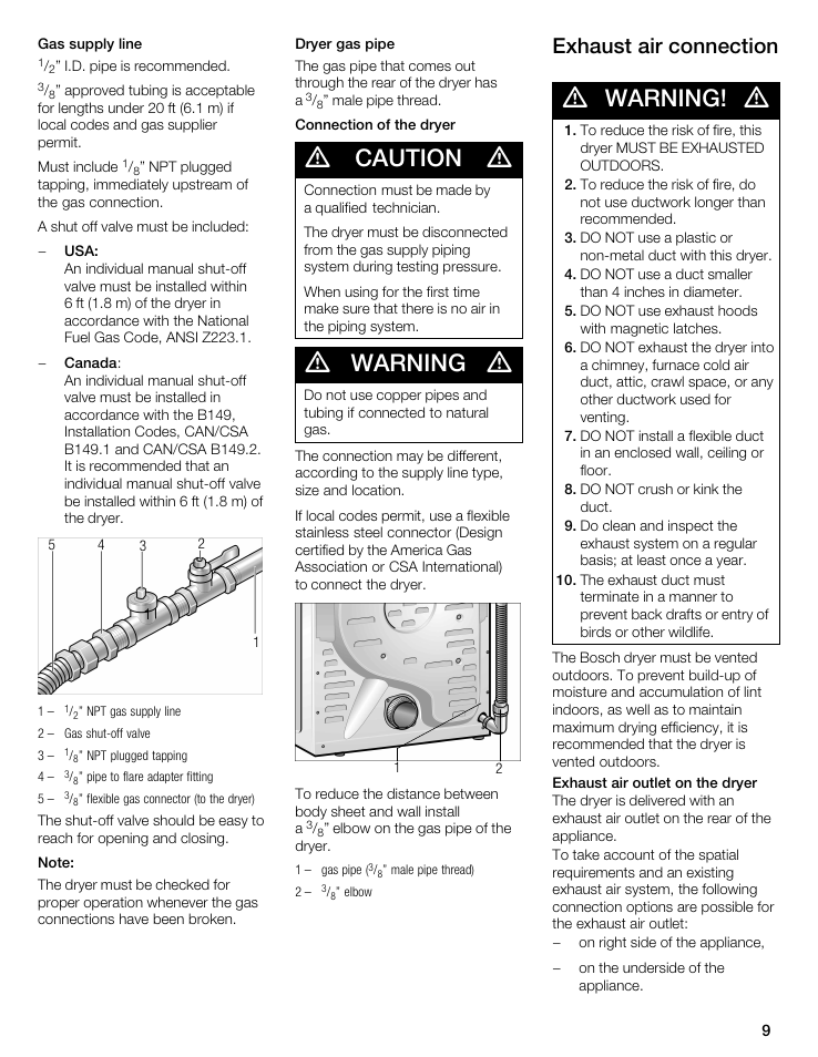 Caution, Warning, Exhaust air connection | Bosch WTMC 3500UC User Manual | Page 9 / 84
