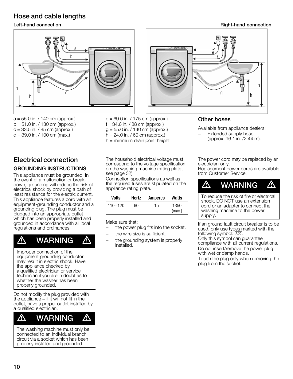 Warning, Hose and cable lengths, Electrical connection | Bosch Nexxt 800 WFMC8401UC User Manual | Page 10 / 112