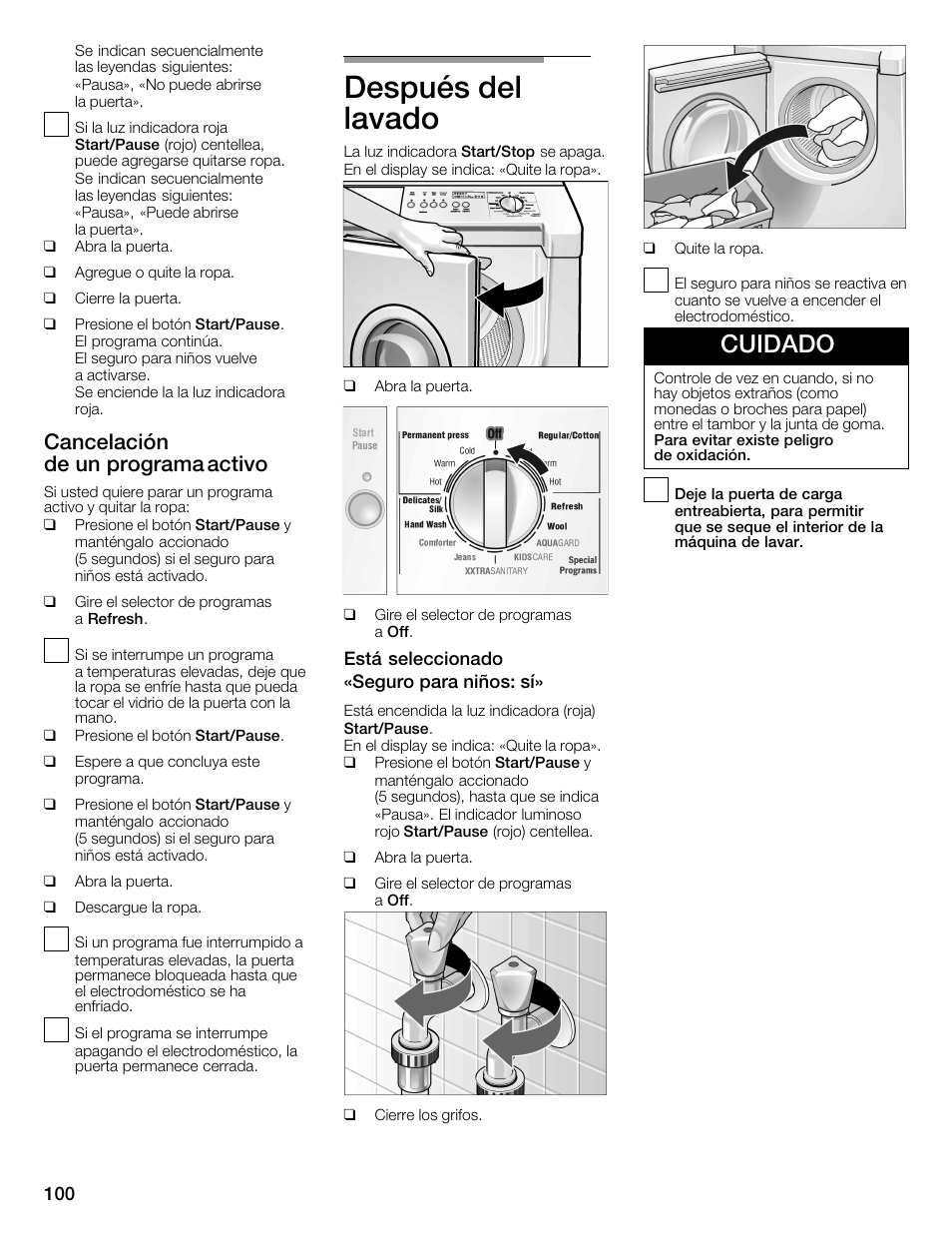 Después del lavado, Cuidado, Cancelación de un programa activo | Bosch Nexxt 800 WFMC8401UC User Manual | Page 100 / 112