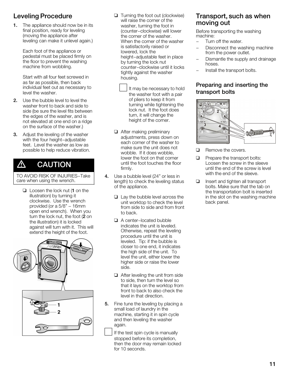 Caution, Leveling procedure, Transport, such as when moving out | Bosch Nexxt 800 WFMC8401UC User Manual | Page 11 / 112