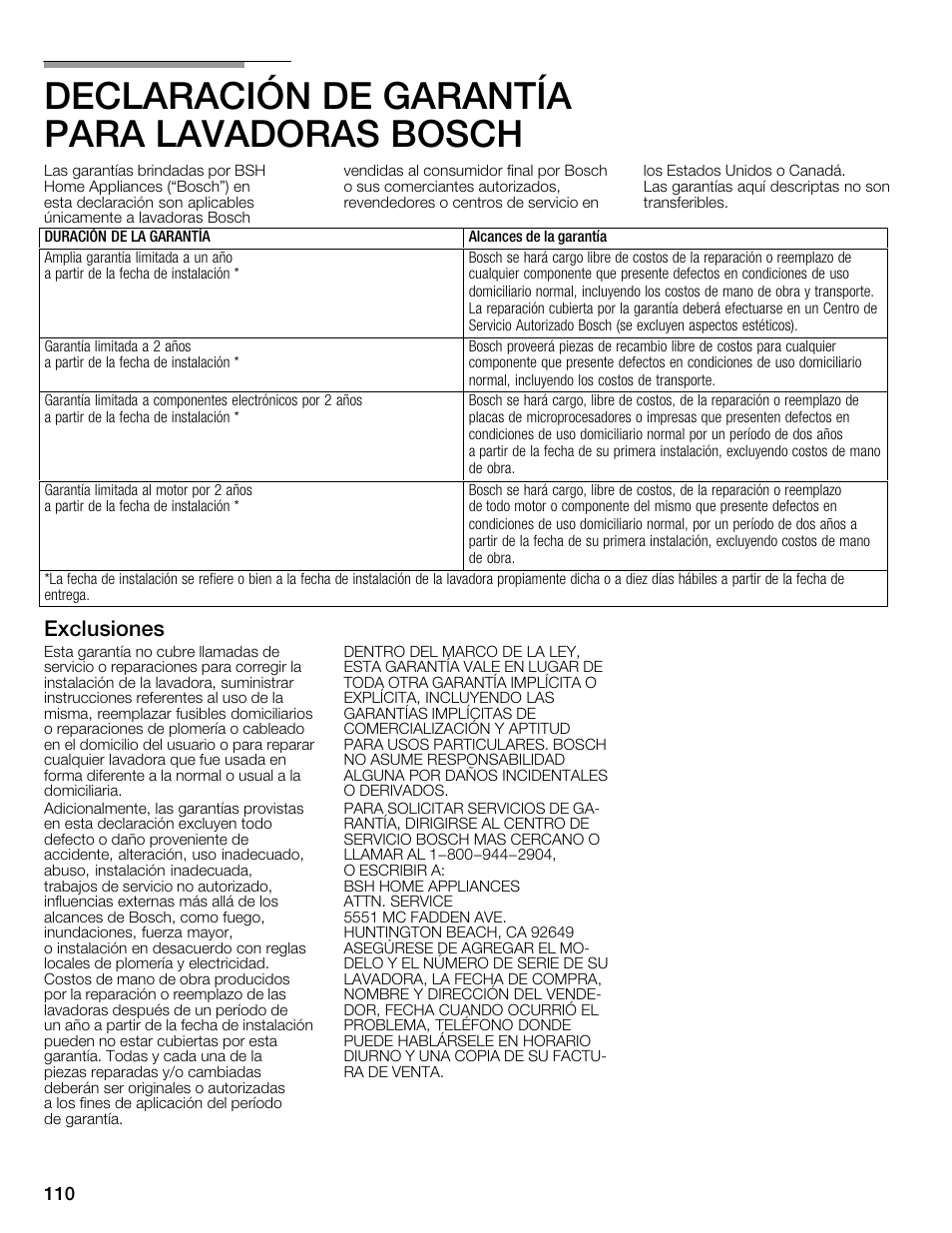 Declaración de garantía paraălavadoras bosch, Exclusiones | Bosch Nexxt 800 WFMC8401UC User Manual | Page 110 / 112