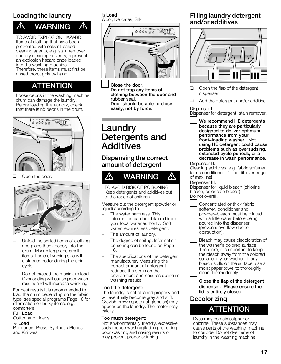 Laundry detergents and additives, Warning, Attention | Loading the laundry, Dispensing the correct amount of detergent, Filling laundry detergent and/or additives, Decolorizing | Bosch Nexxt 800 WFMC8401UC User Manual | Page 17 / 112