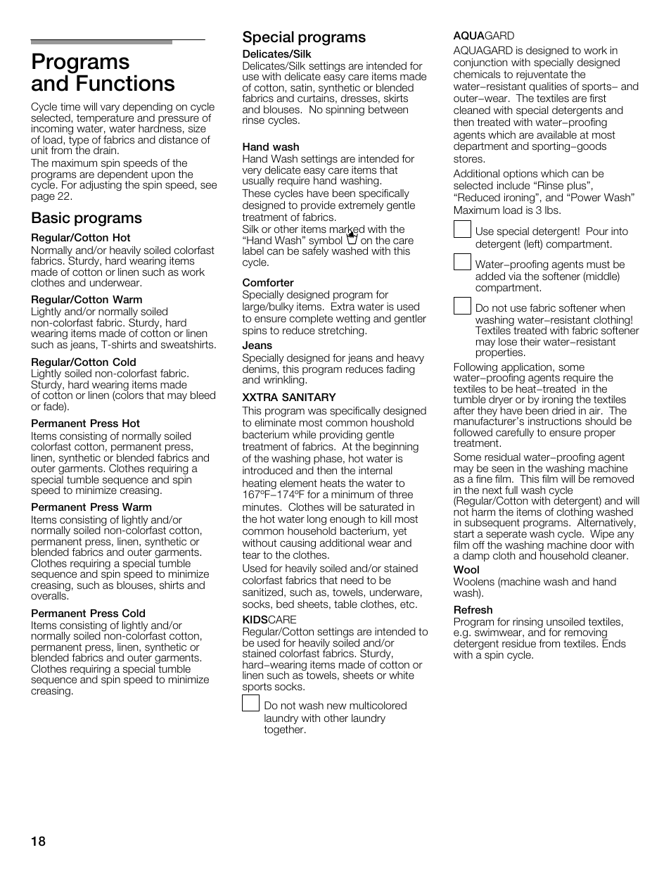 Programs and functions, Basic programs, Special programs | Bosch Nexxt 800 WFMC8401UC User Manual | Page 18 / 112