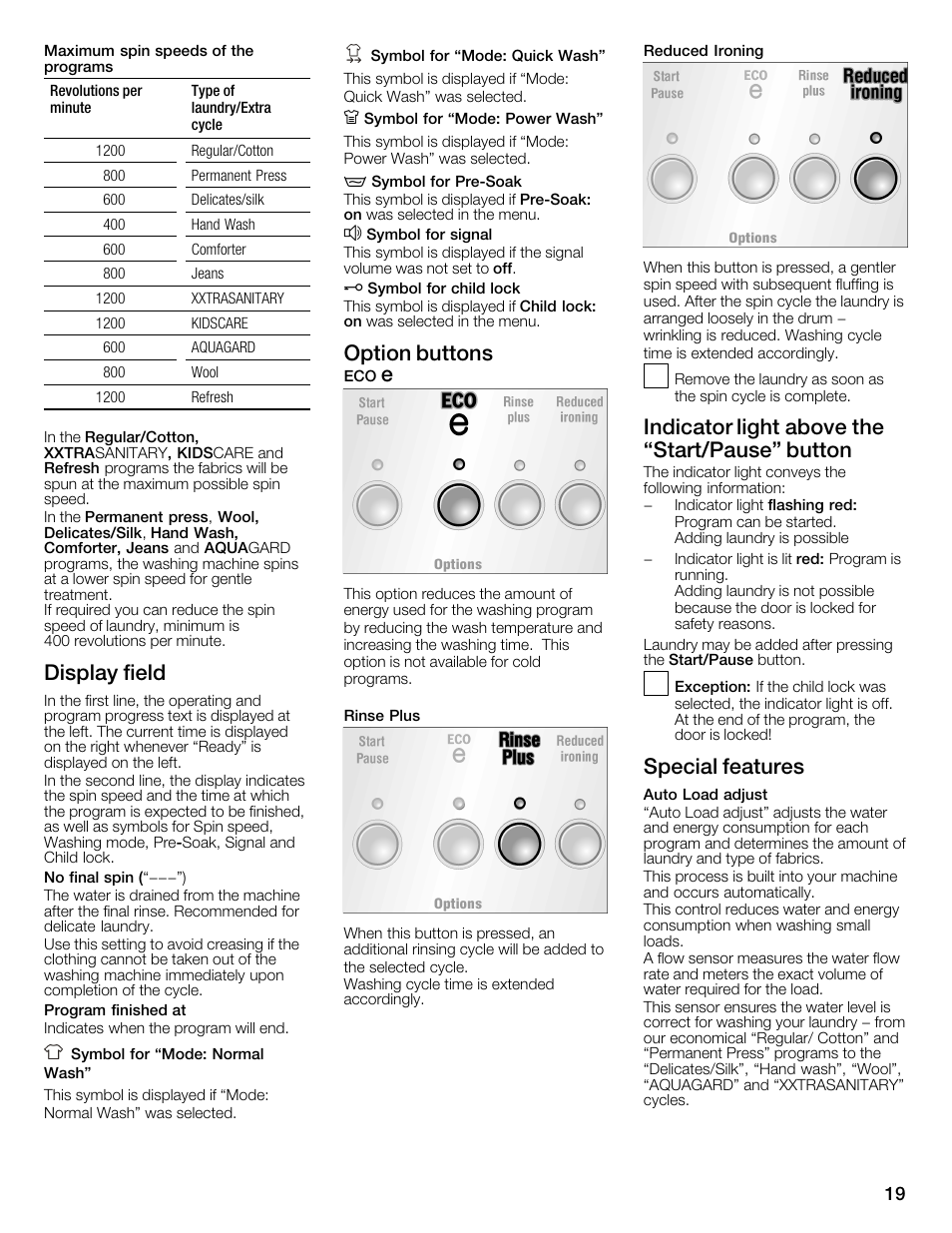 Display field, Option buttons, Indicator light above the start/pause" button | Special features | Bosch Nexxt 800 WFMC8401UC User Manual | Page 19 / 112