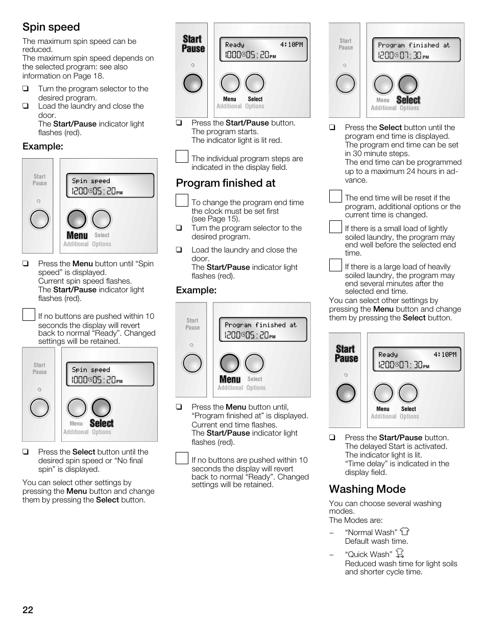 Spin speed, Program finished at, Washing mode | Bosch Nexxt 800 WFMC8401UC User Manual | Page 22 / 112