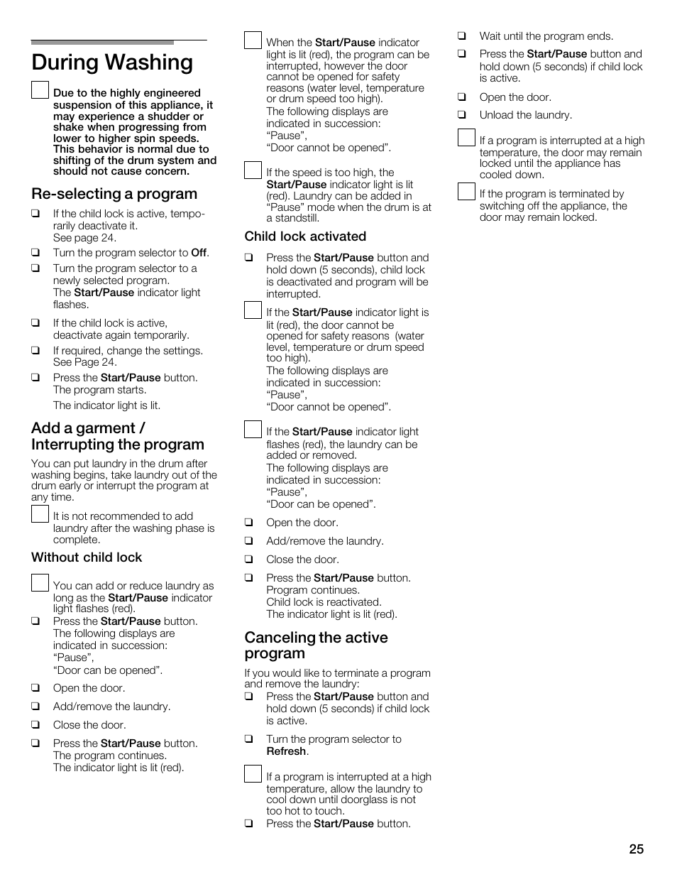 During washing, Rećselecting a program, Add a garment / interrupting the program | Canceling the active program | Bosch Nexxt 800 WFMC8401UC User Manual | Page 25 / 112