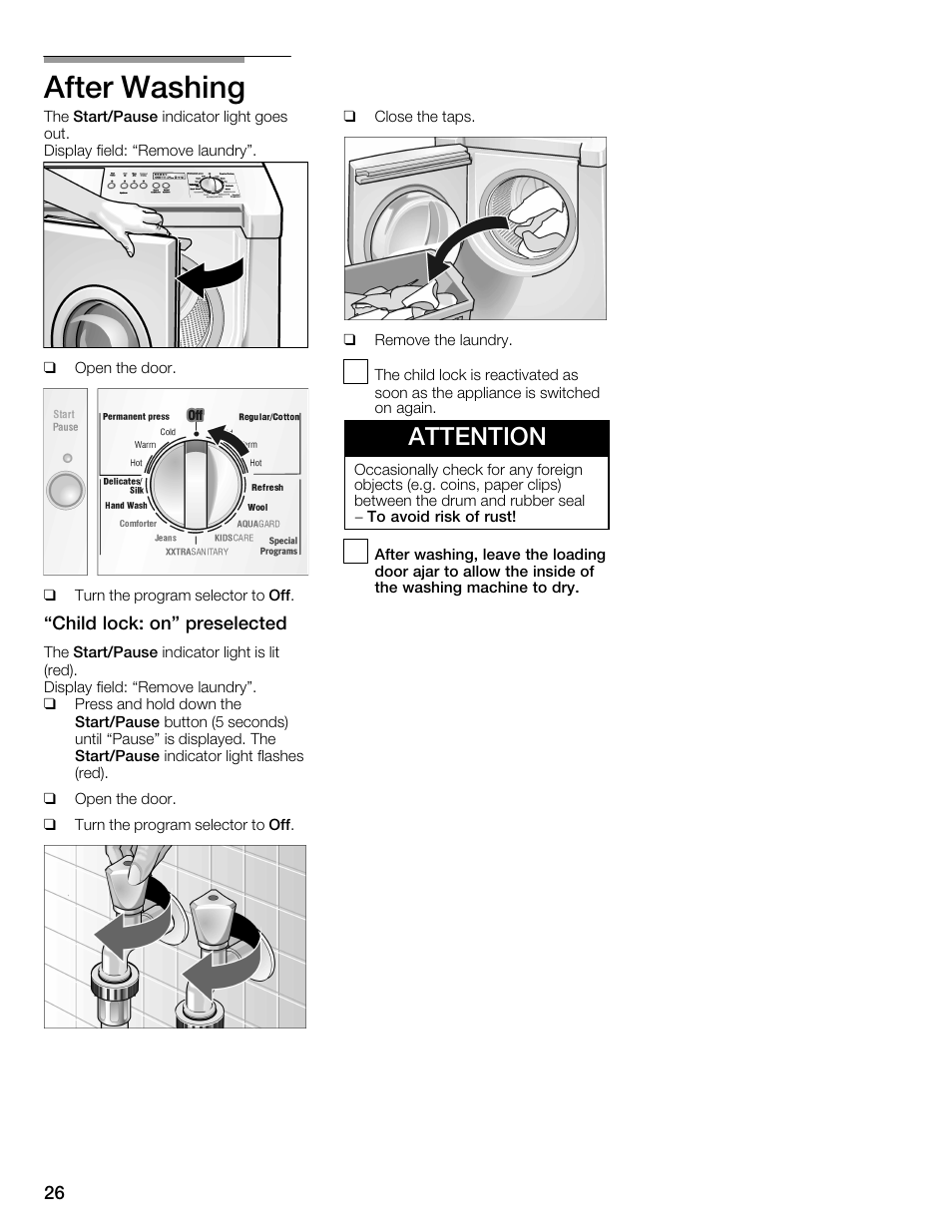 After washing, Attention | Bosch Nexxt 800 WFMC8401UC User Manual | Page 26 / 112