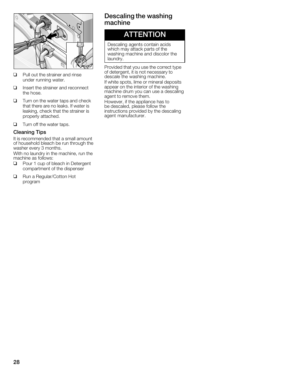 Attention, Descaling the washing machine | Bosch Nexxt 800 WFMC8401UC User Manual | Page 28 / 112