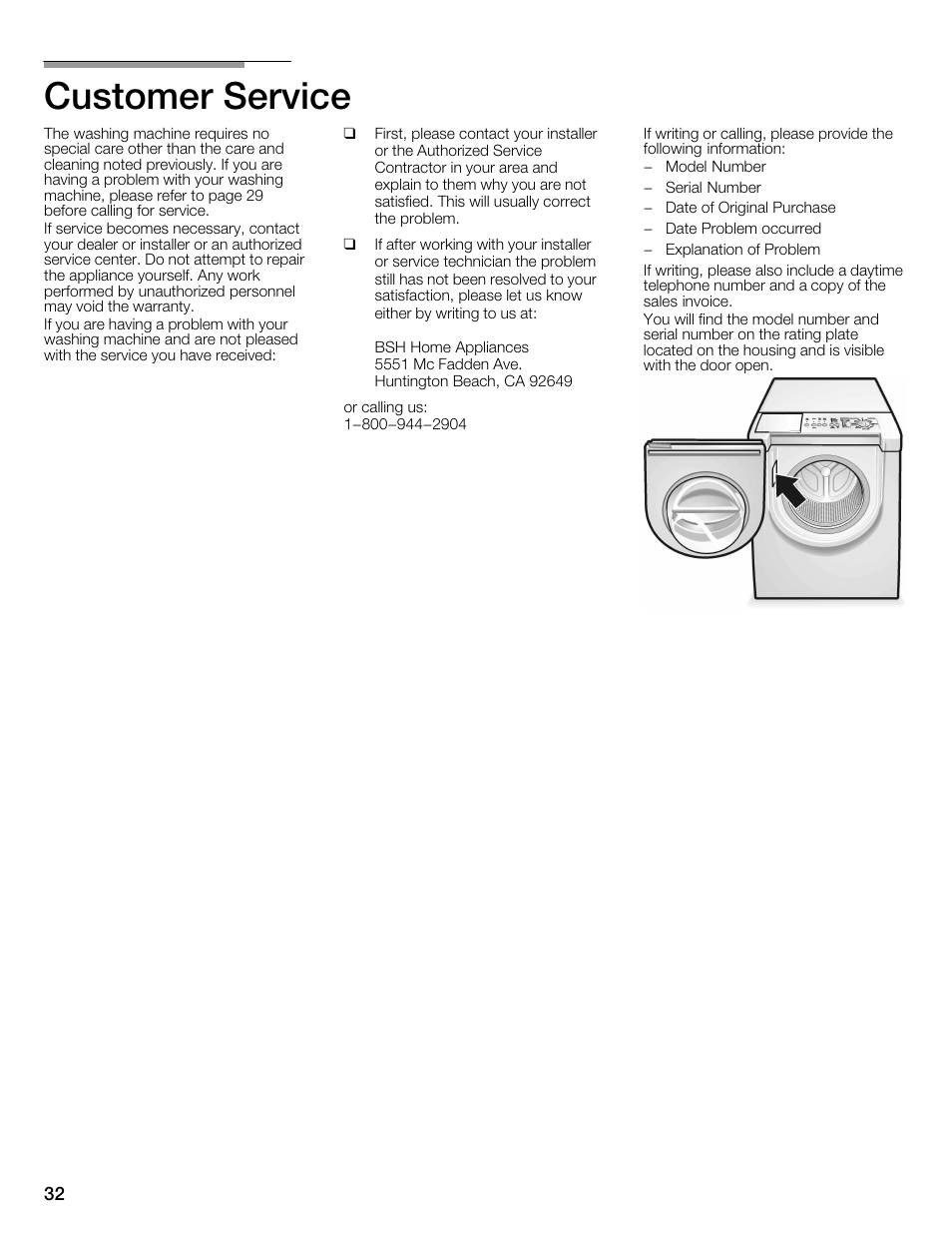 Customer service | Bosch Nexxt 800 WFMC8401UC User Manual | Page 32 / 112