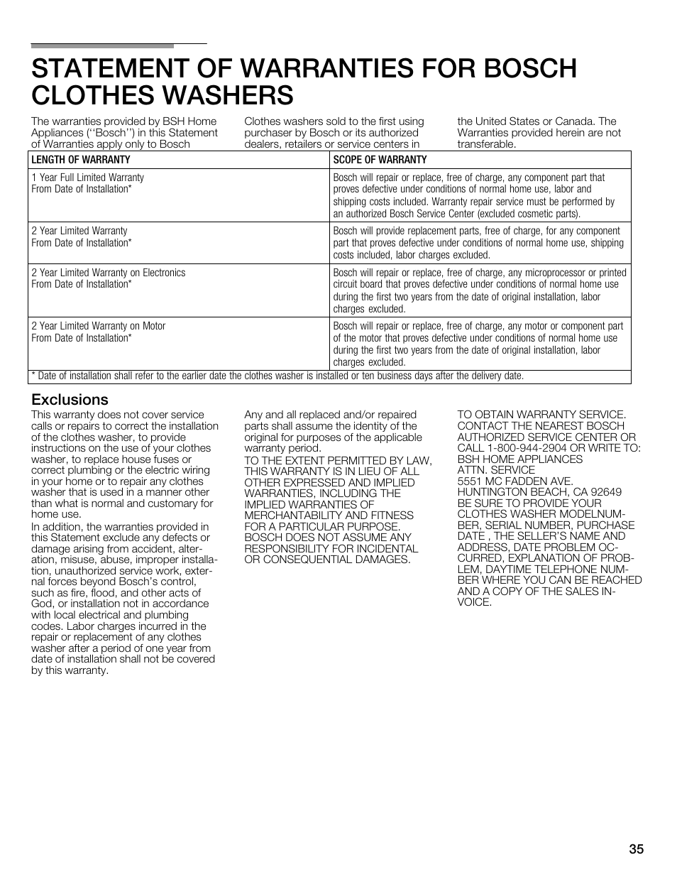 Statement of warranties for bosch clothes washers, Exclusions | Bosch Nexxt 800 WFMC8401UC User Manual | Page 35 / 112