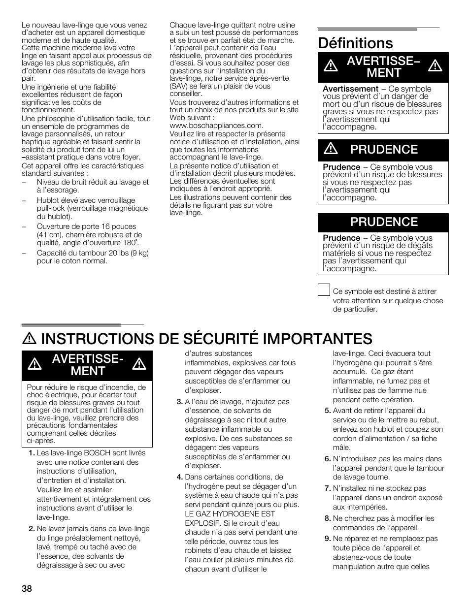 Définitions d, D instructions de sécurité importantes d, Avertisse- ment | Prudence, Avertisseć ment | Bosch Nexxt 800 WFMC8401UC User Manual | Page 38 / 112