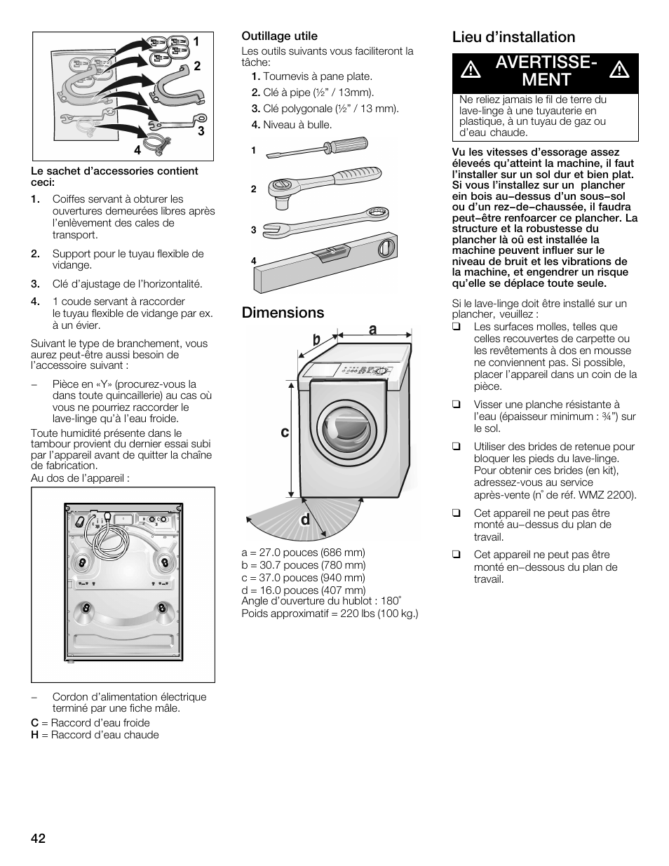 Avertisseć ment, Dimensions, Lieu d'installation | Bosch Nexxt 800 WFMC8401UC User Manual | Page 42 / 112