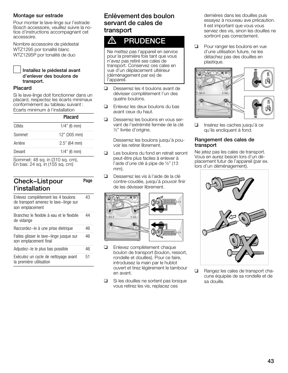 Prudence, Check-list pour l'installation | Bosch Nexxt 800 WFMC8401UC User Manual | Page 43 / 112