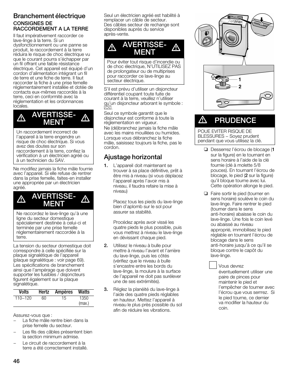 Avertisseć ment, Prudence, Branchement électrique | Ajustage horizontal | Bosch Nexxt 800 WFMC8401UC User Manual | Page 46 / 112