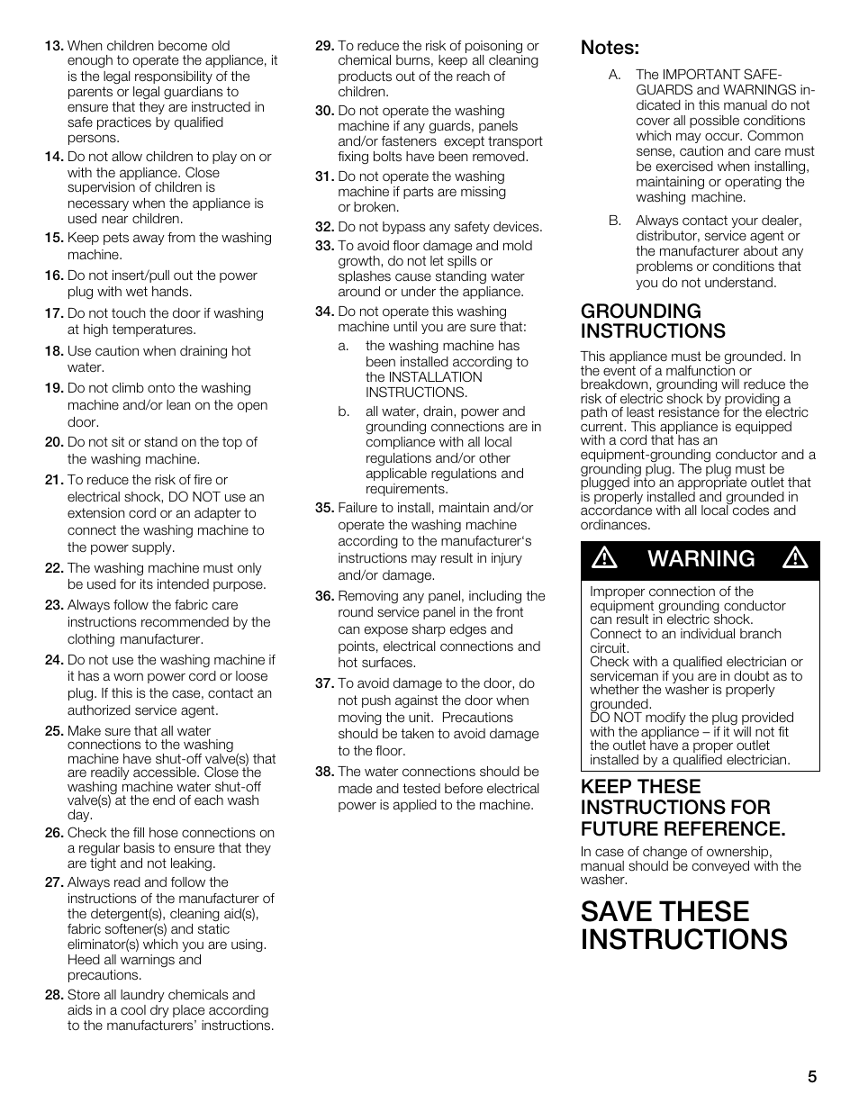 Save these instructions, Warning, Grounding instructions | Keep these instructions for future reference | Bosch Nexxt 800 WFMC8401UC User Manual | Page 5 / 112