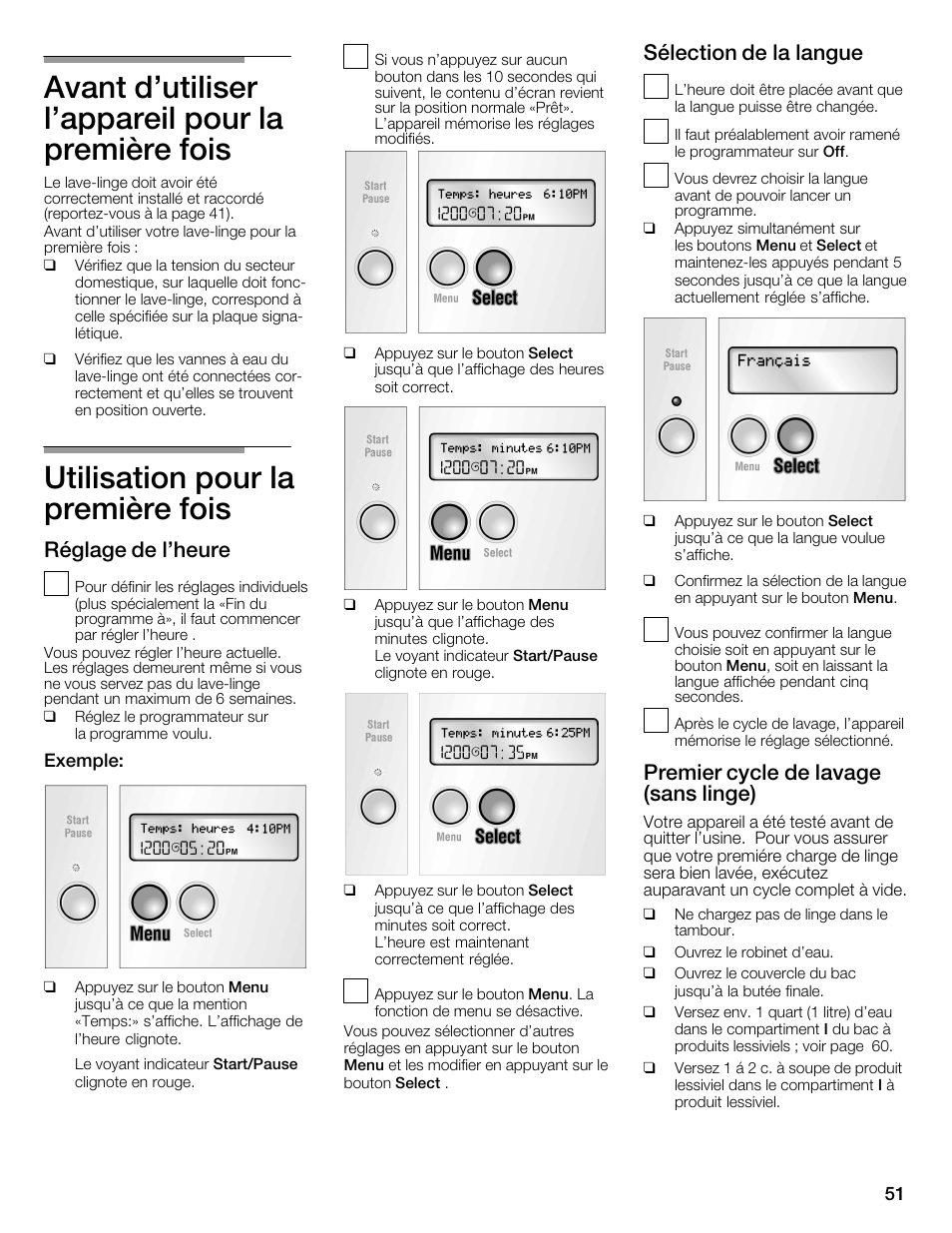 Avant d'utiliser l'appareil pour la première fois, Utilisation pour la première fois, Réglage de l'heure | Sélection de la langue, Premier cycle de lavage (sans linge) | Bosch Nexxt 800 WFMC8401UC User Manual | Page 51 / 112