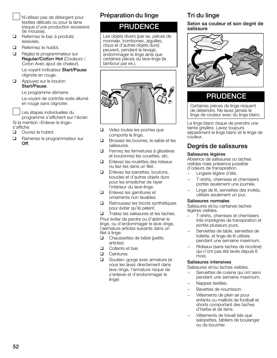 Prudence, Préparation du linge, Tri du linge | Degrés de salissures | Bosch Nexxt 800 WFMC8401UC User Manual | Page 52 / 112