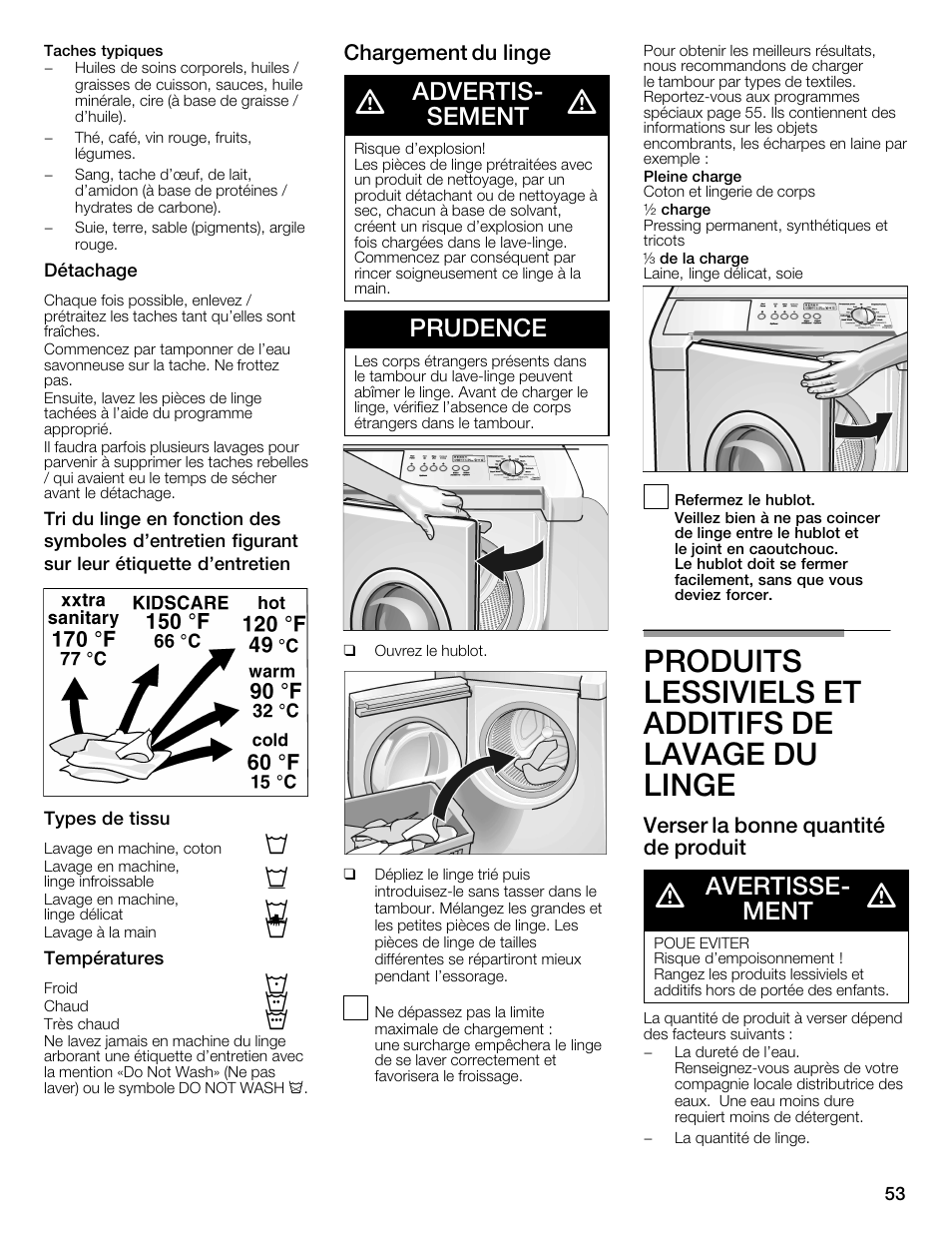 Produits lessiviels et additifs de lavage du linge, Advertisć sement, Prudence | Avertisseć ment, Chargement du linge, Verser la bonne quantité de produit | Bosch Nexxt 800 WFMC8401UC User Manual | Page 53 / 112