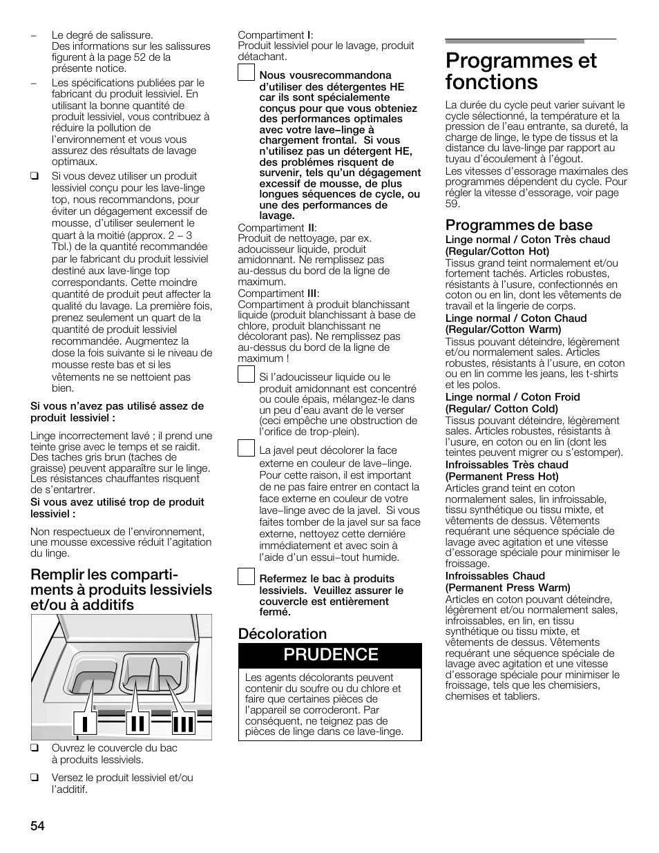 Programmes et fonctions, Prudence, Décoloration | Programmes de base | Bosch Nexxt 800 WFMC8401UC User Manual | Page 54 / 112